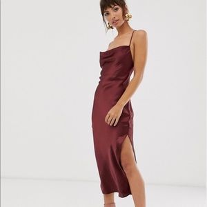 ASOS burgundy cowl neck midi slip dress
